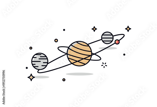 Planetary alignment concept illustrated by three minimal planets arranged along a smooth orbit line with tiny star accents, expressing balance and astronomical