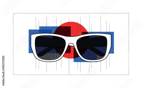 Black and white chunky futuristic sunglasses enlarged centrally, vivid red circle marking focal point behind lenses, thin vertical and horizontal lines forming