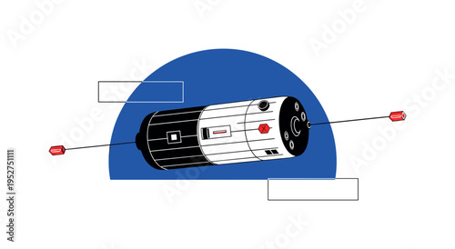 Black and white cylindrical space station module floating horizontally, bold electric blue semicircle behind like planetary horizon, thin linear docking lines