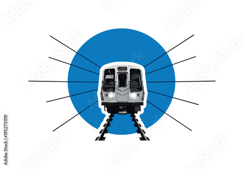 Black and white front-facing subway train entering a station, bold blue geometric circle behind it suggesting tunnel depth, thin horizontal lines extending