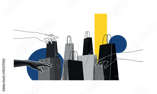 Modern graphic collage of shopping bags arranged like architectural structures with black-and-white hands reaching toward them, white outline effect, bold