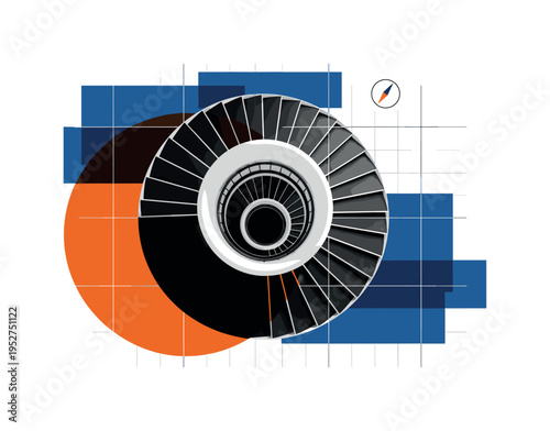 Black and white spiral staircase photographed from above, overlaid with an orange semicircle and abstract blue blocks, thin vertical and horizontal blueprint