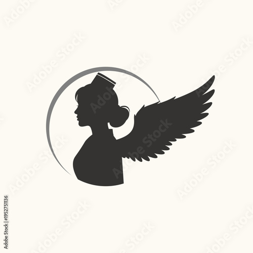 Angel Nurse Silhouette with Medical Cap and Feather Wing in Profile Graphic