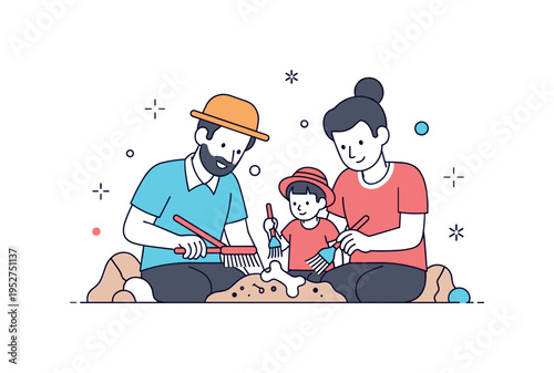 Family fossil hunt parent and child figures carefully brushing sediment from a small bone fragment, expressing shared discovery and educational tourism.