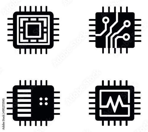 Solid icon microchip set featuring various integrated circuit designs for technology and computing concepts