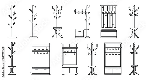 Collection of various coat rack and hanger designs in line art style for furniture and interior design purposes, Generative AI.