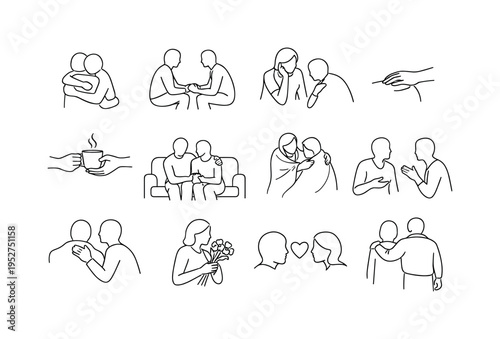 Emotional Support for Loved Ones. Minimalistic set one-line drawing [two people hugging for comfort, person holding another?s hand while sitting, family member