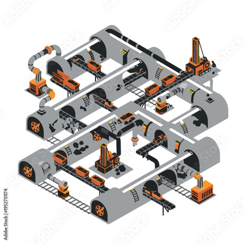 Isometric View of Automated Factory Production Line with Conveyor Belts.