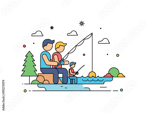 Family fishing by the lake showing two simplified figures with a shared rod and subtle tree and water accents, symbolizing bonding and shared outdoor