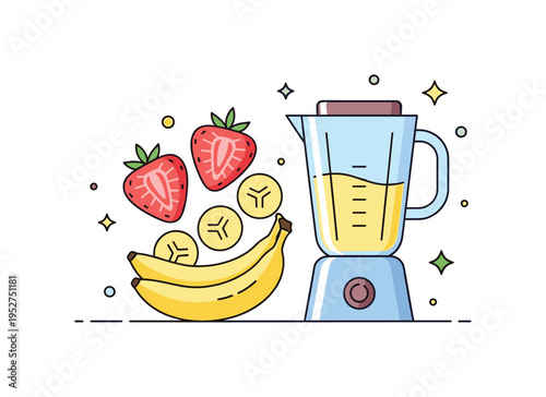 Fruit smoothie recipe scene illustrated through sliced strawberries and bananas arranged beside a simple blender jar, symbolizing natural ingredients and