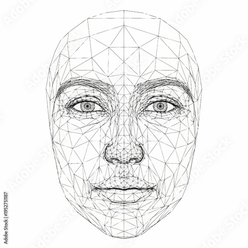 Wireframe mesh of a human face representing biometric scanning and facial recognition technology.