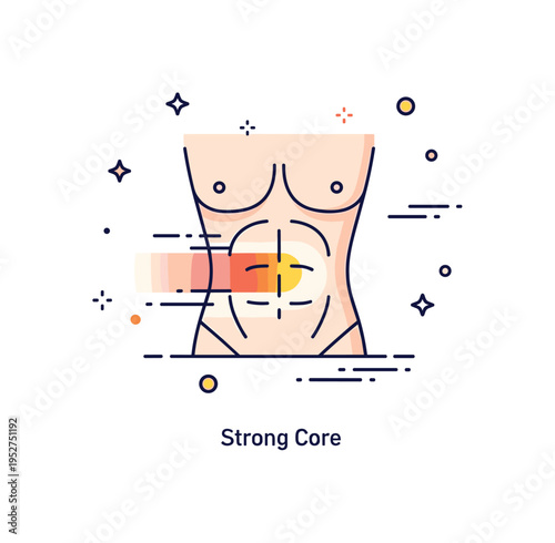 Core strength training concept centered on a simplified human torso with highlighted abdominal area, expressing stability, balance, and foundational fitness