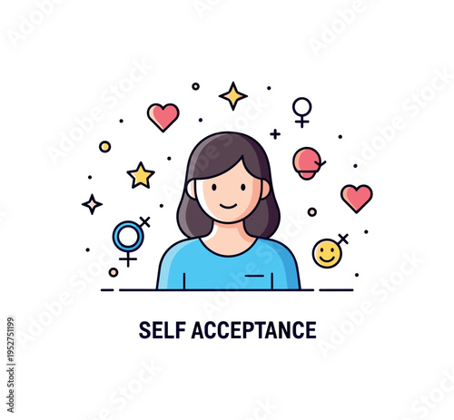 Affirmation of self acceptance scene featuring a simplified figure surrounded by small positive symbol icons like hearts and stars, expressing appreciation and