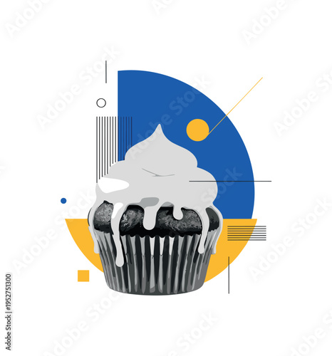 monochrome cupcake with dripping glaze effect, layered with cobalt blue semicircle and mustard yellow geometric accents, fine linear details and flat abstract
