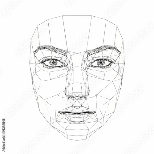 Wireframe mesh of a human face representing technology and identity.