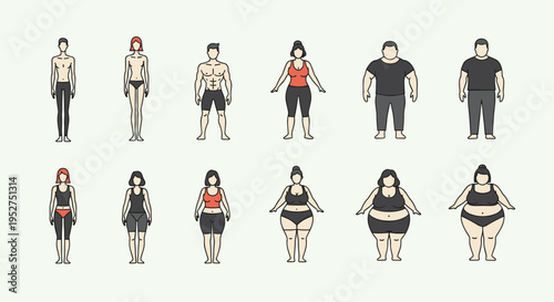 Diverse group of people with different body types standing in various poses and outfits, Generative AI.