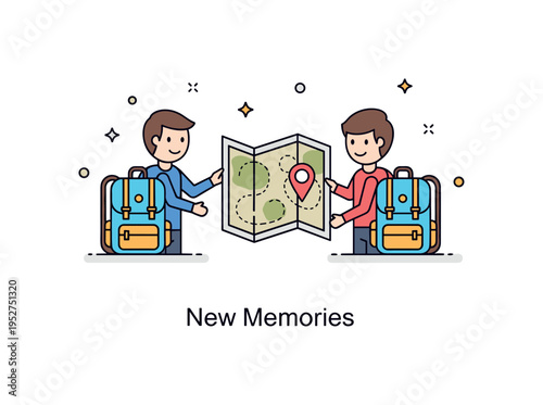 Friends weekend adventure moment with two tiny backpack icons beside a single shared map, conveying exploration and shared experiences. The compact caption New