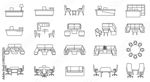 A collection of various furniture line icons including sofas chairs tables and desks in a simple line style, Generative AI.