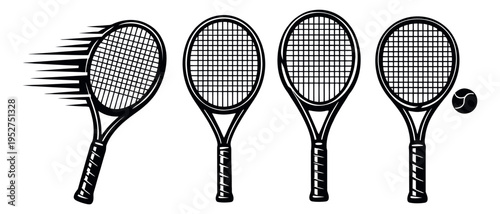 Line art tennis rackets set featuring rackets and a ball, one racket with speed lines for sports and game design