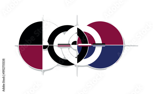 Black and white intertwined rings separated slightly by geometric spacers, bold semicircles and minimal linear grid forming a balanced structure, abstract