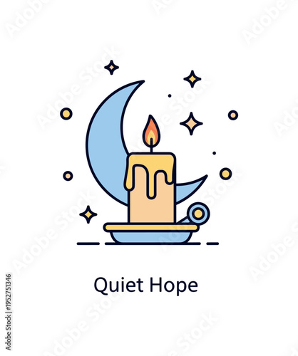 Candle in prayer evening reflection theme showing a single candle against a subtle crescent moon accent, symbolizing nighttime meditation and gratitude. The