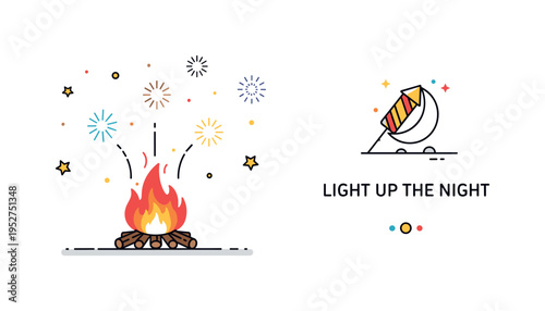 Fireworks over bonfire night illustration featuring a glowing bonfire in the foreground and small colorful bursts in the sky, symbolizing celebration and