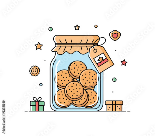 Homemade cookies as presents concept illustrated by a simple jar filled with round cookies and tied with a decorative tag. The composition reflects warmth,