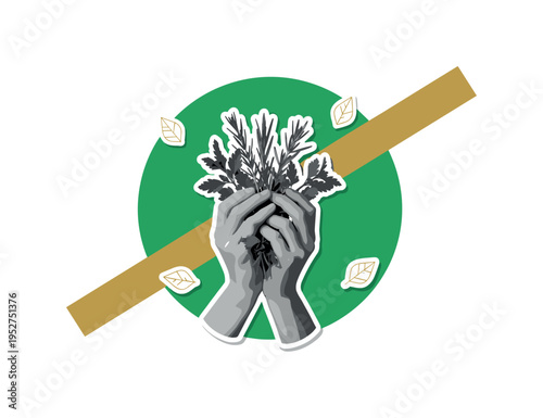 Black and white hands holding a recycled material block shaped like a cube, bold cobalt blue circular halo behind, emerald green rectangular accents arranged