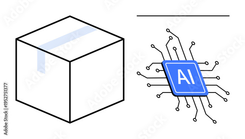 Artificial intelligence, digital transformation, logistics, packaging, innovation, automation. Minimalist image showing a box and AI microchip with circuitry. Digital transformation and logistics