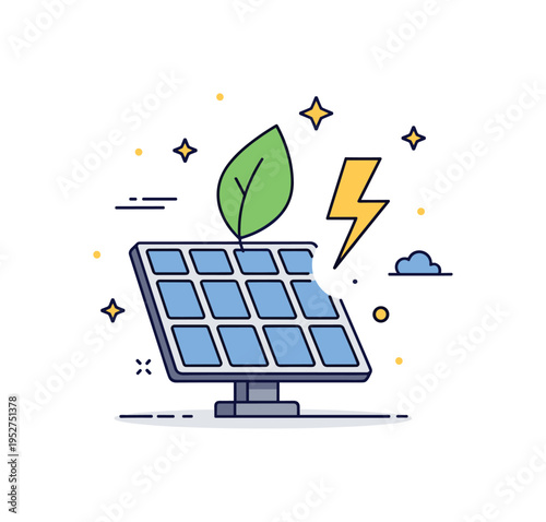 Clean energy transition symbolized by a solar panel paired with a subtle leaf and lightning bolt accent, conveying progress, responsibility, and environmental
