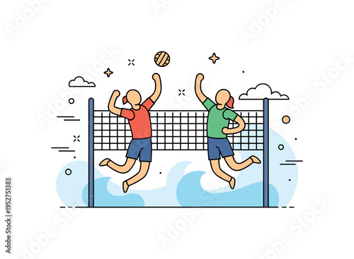 Golden hour volleyball match concept showing two simplified player silhouettes jumping near a minimal net with soft wave accents in the background, expressing