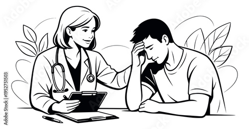 Hand drawn line art illustration of a doctor and patient depicting a doctor consoling a distressed man for medical support