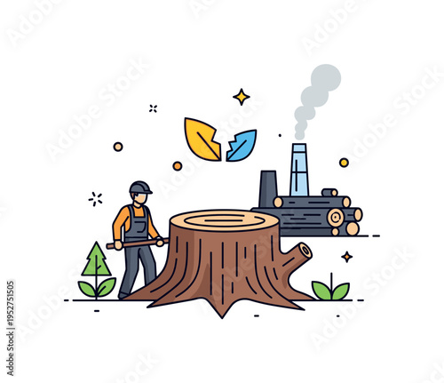Deforestation awareness visualized as a tree stump with a logger silhouette in the background and a subtle broken leaf icon above, expressing environmental