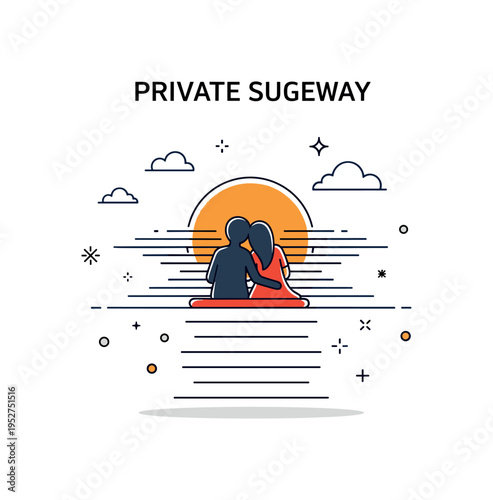 Private sunset getaway illustrated through a couple silhouette seated on a simple terrace overlooking a stylized horizon sun, symbolizing serene escape and