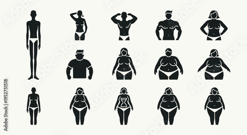 Collection of various muscular and nonmuscular male and female body silhouettes in different poses, Generative AI.