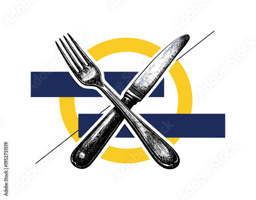 vintage black and white knife and fork crossed symbolically, intersected by bright yellow circular frame and deep navy rectangular blocks, thin diagonal line