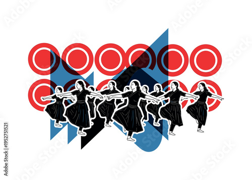Black and white group of dancers learning synchronized traditional steps, repeated circular motifs in red creating visual rhythm behind them,