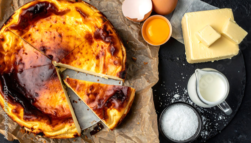 Overhead flat lay of Basque cheesecake (Gazta tarta) with a burnt caramelized top and creamy custard interior