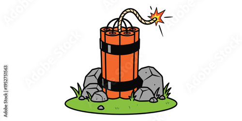 Cartoon stick dynamite with lit fuse on green grass and rocks isolated on white background