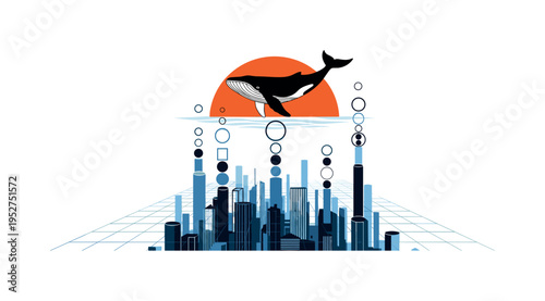 Black and white whale silhouette floating above a submerged minimalist city grid made of thin lines and rectangles, bright orange semicircle behind whale for