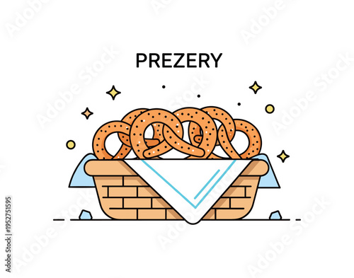 Pretzels in a basket freshly baked twisted pretzels arranged in a small woven basket lined with a cloth napkin, expressing warmth and bakery comfort. A compact