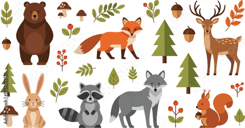 Forest Animals Collection Featuring Bear Fox Deer Wolf Rabbit Raccoon and Squirrel with Woodland Plants in Flat Cartoon Vector Illustration Style.