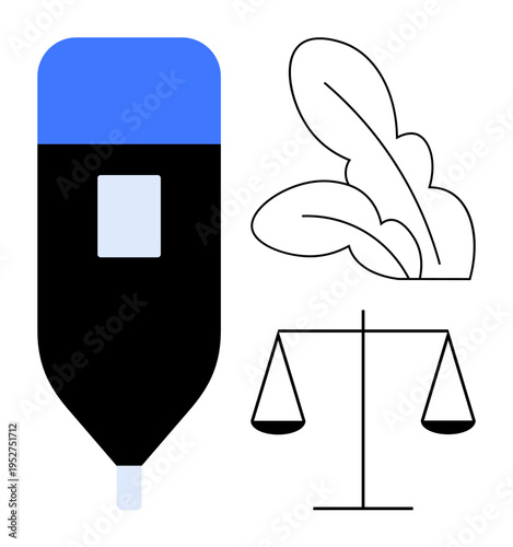 Legal justice, environmental protection, sustainability, document signing, eco-friendly policies, law and order. Scale, leaf and pen on display in a minimalistic style. Legal justice