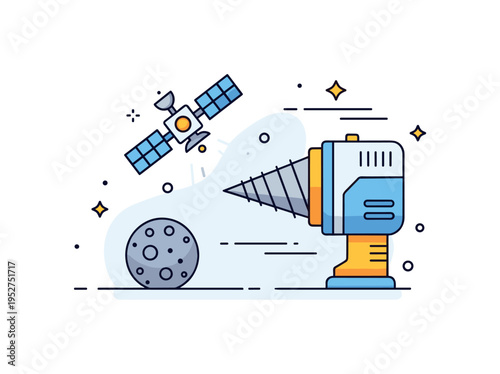 Asteroid mining technology illustration with futuristic drill and small satellite hovering nearby representing precision and advanced engineering in space.
