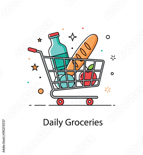 Shopping trolley supermarket essentials concept with a compact cart silhouette filled with simple grocery icons like a bottle, loaf, and apple, expressing