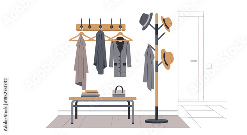 Modern coat rack with bench and hanging clothes in a tidy entryway setup, Generative AI.