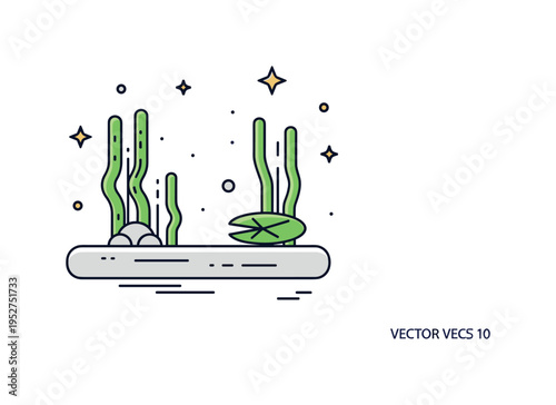 Freshwater algae habitat simple pond scene with green filament shapes and a small lily pad, conveying calm natural environments and microscopic diversity.