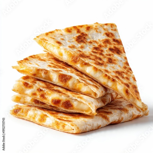 A delicious stack of fresh toasted cheese quesadillas isolated on a clean white background, classic Mexican appetizer