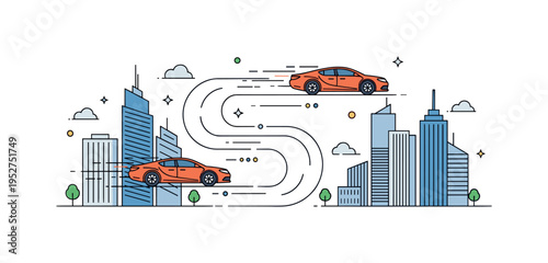 Urban high speed pursuit through simplified skyscraper silhouettes conveying city tension and fast decision making. Curved path lines guide the eye and