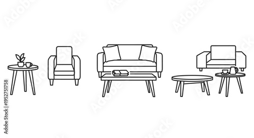 A line drawing of a living room furniture set including a sofa two armchairs and two coffee tables, Generative AI.